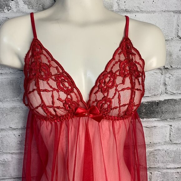 Fredricks of Hollywood Red Sheer Mesh Lace Babydoll Camisole Slip Lingerie - Picture 2 of 16